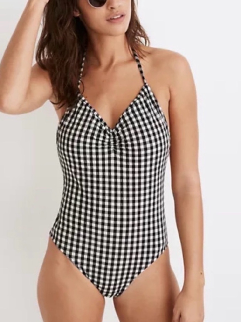 Madewell Black & White textured Gingham Halter One-Piece Swimsuit 10
